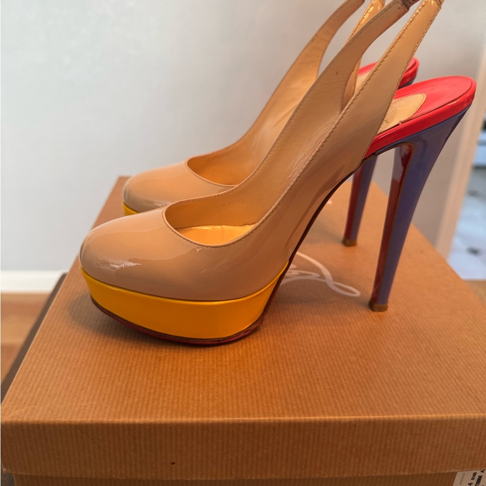 Christian Louboutin BIANCA Platform Slingback Pumps Patent Multi Color